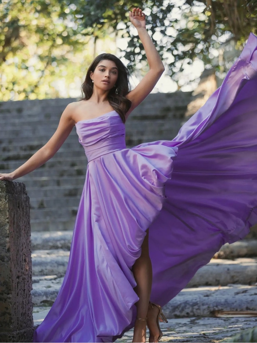 MAC DUGGAL Purple Strapless Ruched High Low Gown